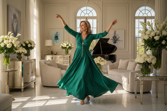 Joyful radiant elegant woman in her 50s dancing freely in a sunlit luxury living room in a flowing silk dress with tall fresh flowers and warm golden light
