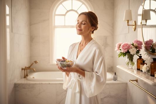 Restored elegant woman in her 50s holding a crystal bowl of natural botanicals in a luxurious marble spa bathroom with fresh pink and white flowers and soft warm light