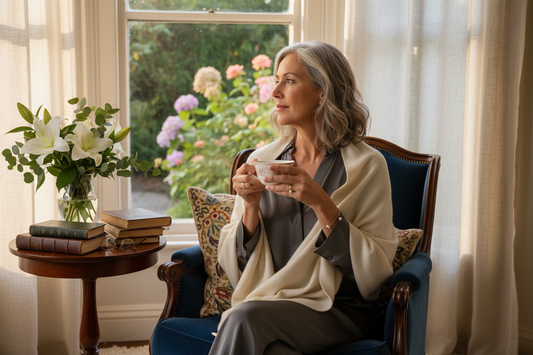 Thoughtful elegant woman in her 50s holding a cup of herbal tea in a sunlit luxury reading nook with garden views, fresh flowers, and warm golden light