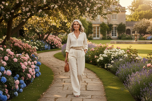 Radiant elegant woman in her 50s walking gracefully through a luxurious garden in a flowing linen outfit with blooming flowers and warm golden afternoon light