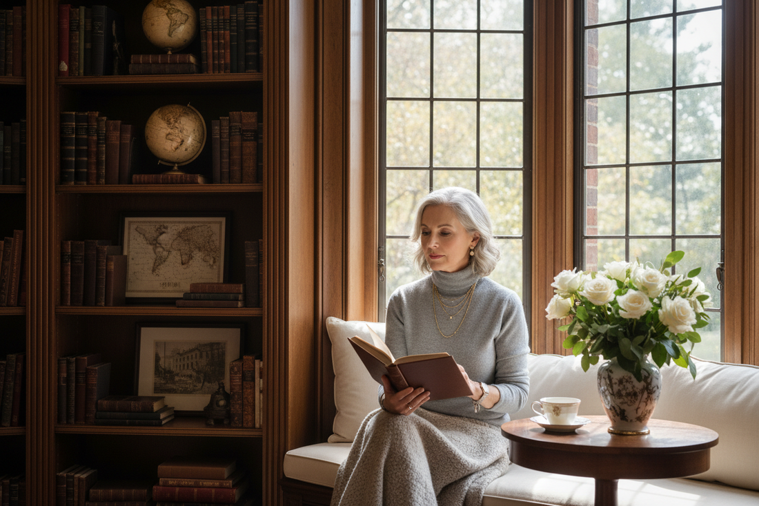 Focused elegant woman in her 50s reading peacefully at a sunlit window seat in a luxurious home library with fresh white flowers and warm natural light