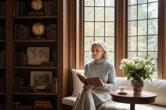 Focused elegant woman in her 50s reading peacefully at a sunlit window seat in a luxurious home library with fresh white flowers and warm natural light