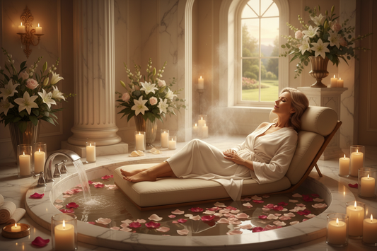 Peaceful elegant woman in her 50s relaxing in a luxurious spa setting beside a soaking tub with rose petals, white silk robe, and soft golden candlelight