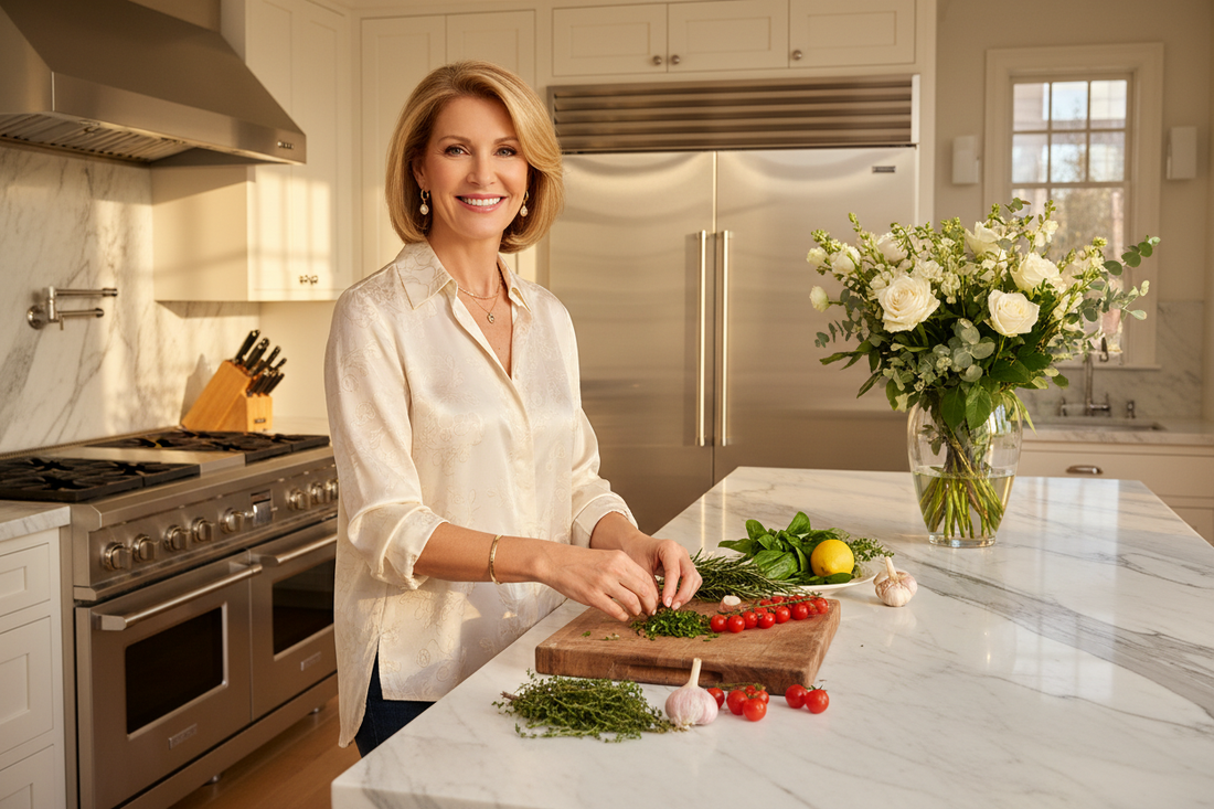 Vibrant elegant woman in her 50s preparing fresh herbs in a luxurious marble kitchen with soft natural light and fresh flowers in warm golden tones