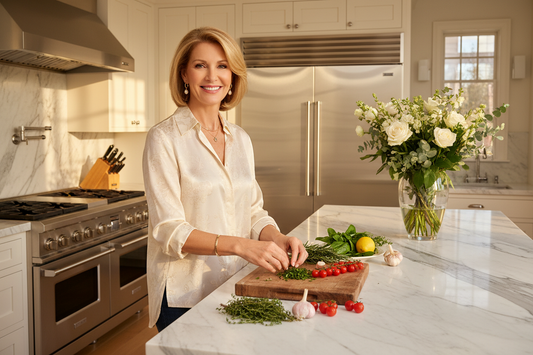 Vibrant elegant woman in her 50s preparing fresh herbs in a luxurious marble kitchen with soft natural light and fresh flowers in warm golden tones