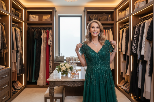 Joyful slim elegant woman in her 50s holding a designer dress in a luxurious walk-in closet with warm lighting and fresh flowers on a vanity