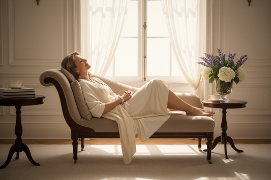Serene elegant woman in her 50s resting peacefully on a luxurious chaise lounge in a sunlit sitting room with fresh lavender flowers and soft warm light