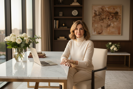 Serene empowered elegant woman in her 50s seated at a marble desk in a sophisticated home office with soft natural light and fresh white flowers