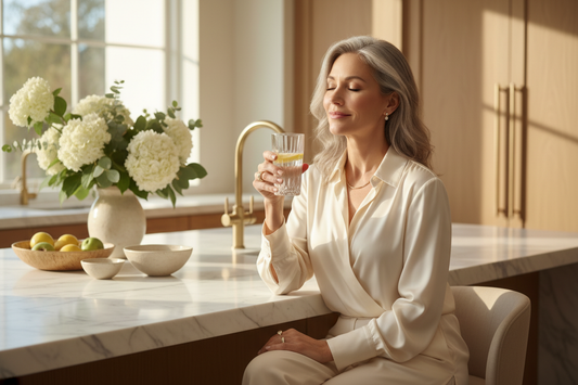 Radiant elegant woman in her 50s enjoying a crystal glass of lemon water in a luxurious marble kitchen with soft morning light and fresh flowers