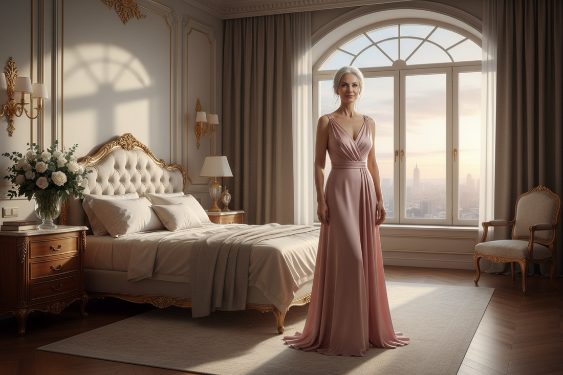 Slim confident elegant woman in her 50s wearing a silk dress standing near a sunlit window in a luxurious bedroom with fresh flowers and warm golden light