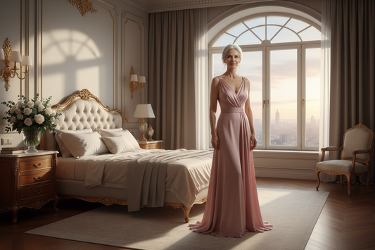 Slim confident elegant woman in her 50s wearing a silk dress standing near a sunlit window in a luxurious bedroom with fresh flowers and warm golden light