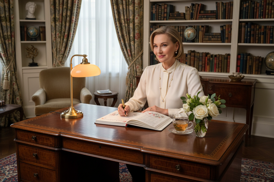 Elegant accomplished woman in her 50s marking her wellness journal progress with a gold pen at a luxurious antique writing desk with soft warm lighting and fresh flowers