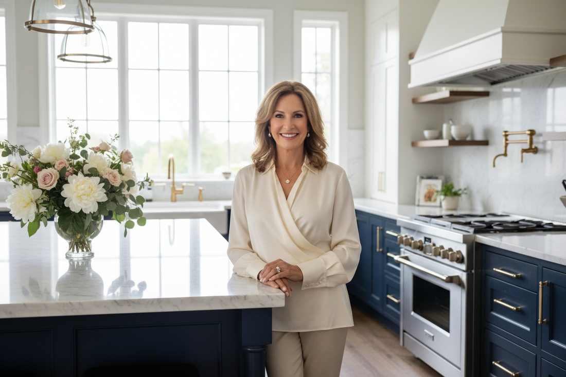 Vibrant elegant woman in her 50s in a luxurious upscale kitchen looking energetic and radiant while experiencing powerful calorie burn of abnormal fat released remotely with WLP40 doctor oversight