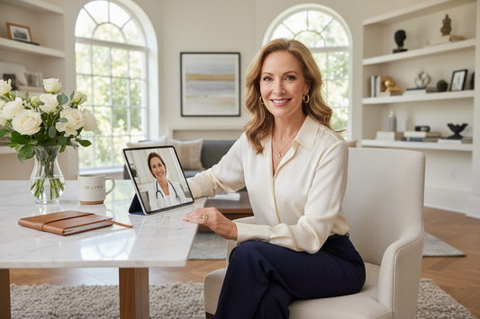 Elegant woman in a luxurious home setting engaged in a warm remote doctor consultation on her laptop, radiant and confidently supported