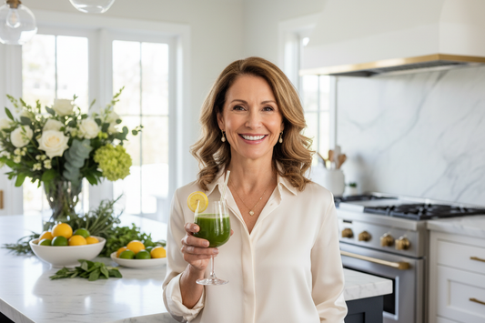 Vibrant elegant woman in her 50s holding a glass of fresh green juice in a luxurious marble kitchen with fresh herbs, lemons, and soft natural morning light
