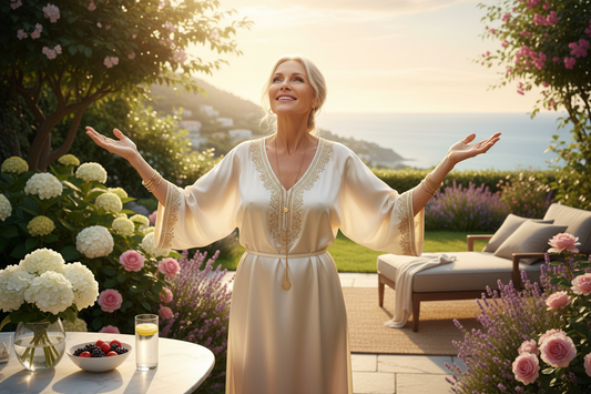 Elegant woman standing tall and free in a stunning luxury garden, radiant and triumphantly liberated from diet struggle