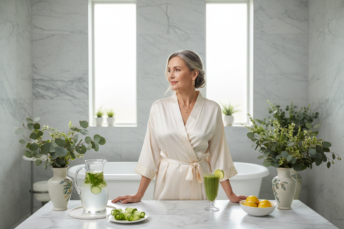 Elegant woman in a luxurious spa wellness sanctuary surrounded by fresh detox ingredients and botanicals, radiant with vibrant vitality