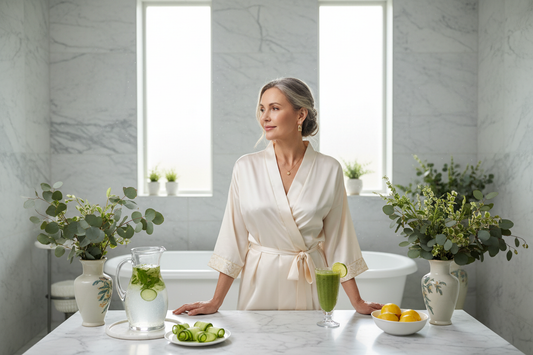 Elegant woman in a luxurious spa wellness sanctuary surrounded by fresh detox ingredients and botanicals, radiant with vibrant vitality