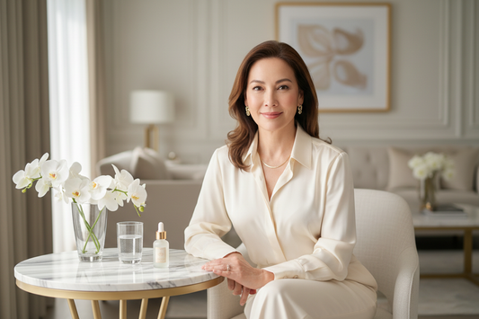 Elegant woman seated gracefully with a premium dropper bottle in a serene luxurious home wellness setting, radiant with effortless wellbeing