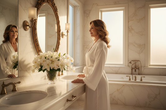 Elegant woman in her 50s admiring her transformation in a luxury marble bathroom with soft natural light and fresh white flowers