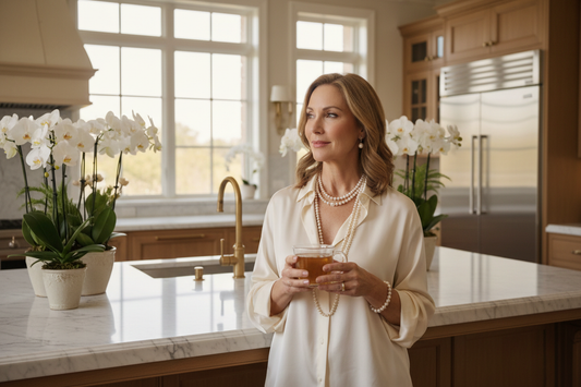 Elegant woman in her 50s standing in a luxurious kitchen holding herbal tea, radiating calm and emotional strength — Restivo Health & Wellness doctor-supervised holistic weight loss program