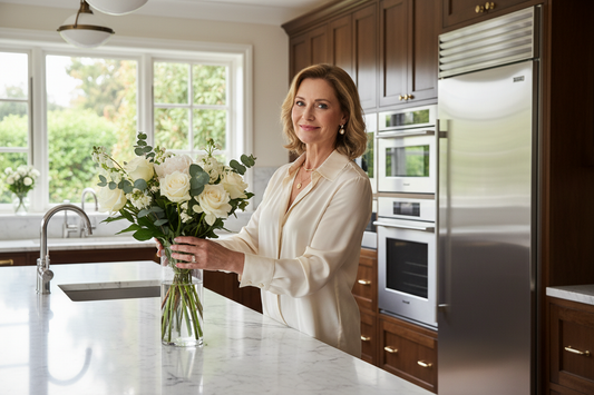 Elegant woman in her early 50s in a luxurious upscale kitchen wearing a silk blouse and tasteful jewelry, arranging fresh flowers on a marble countertop, radiant and serene, soft natural light, high-end setting