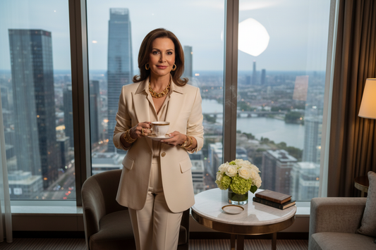 Elegant woman in a tailored blazer standing near floor-to-ceiling windows in a luxury hotel suite with a stunning city view, fresh flowers on marble side table, soft natural light, radiant and composed