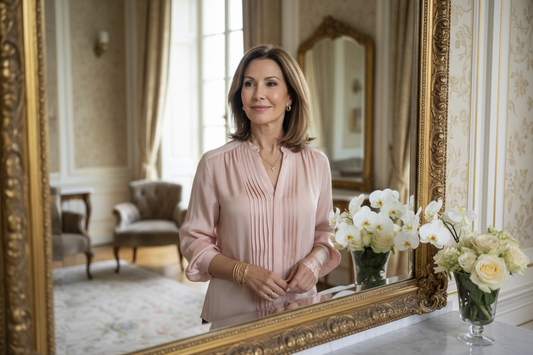 Elegant woman smiling confidently at her reflection in an ornate mirror in a luxurious bedroom, radiant and self-assured