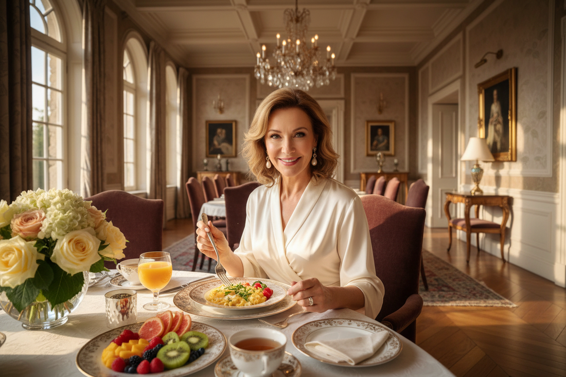 Elegant woman in her early 50s enjoying a healthy breakfast at a beautifully set dining table in a luxurious sunlit home, wearing a silk wrap top and pearl earrings, warm golden morning light, fresh flowers, radiant and energized