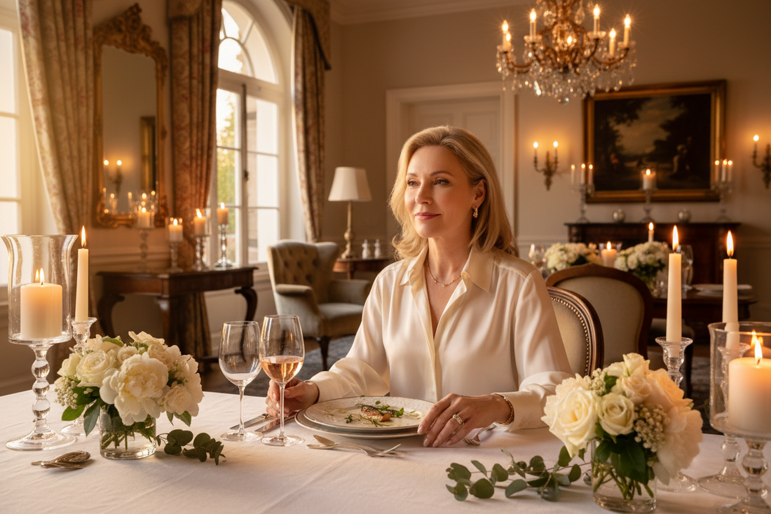 Elegant woman in her late 50s finishing a light dinner at a beautifully set table in a luxurious dining room, soft golden evening light and candlelight, silk blouse and gold jewelry, fresh flowers, relaxed and satisfied expression