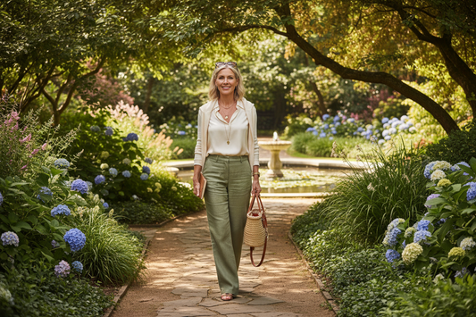 Elegant woman walking through a lush upscale garden, radiant and healthy in natural green surroundings