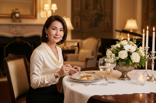 Elegant woman dining leisurely at a beautifully set luxury table, serene and mindful eating experience