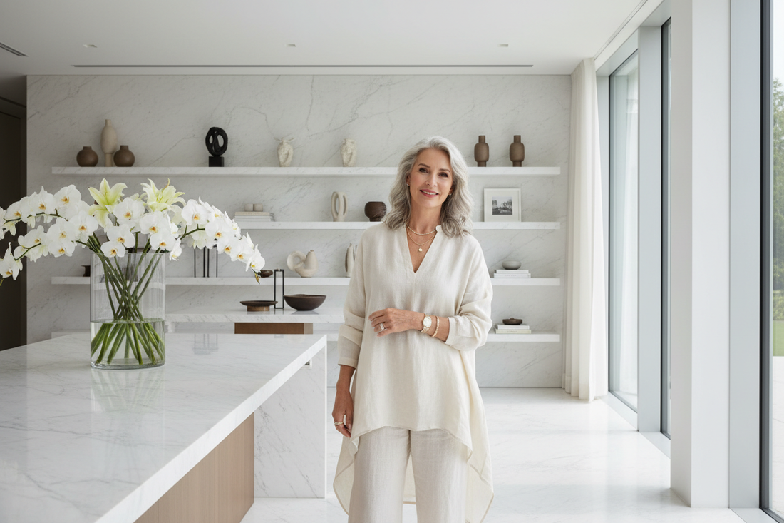 Elegant woman in a beautifully organized minimalist luxury home, serene and radiant in a calm uncluttered space