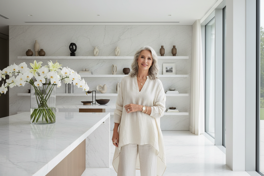 Elegant woman in a beautifully organized minimalist luxury home, serene and radiant in a calm uncluttered space