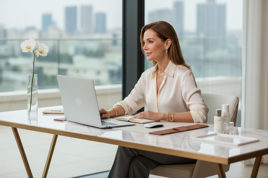 Elegant woman relaxed at a pristine minimalist luxury desk with a clean organized workspace, radiant and mentally at ease