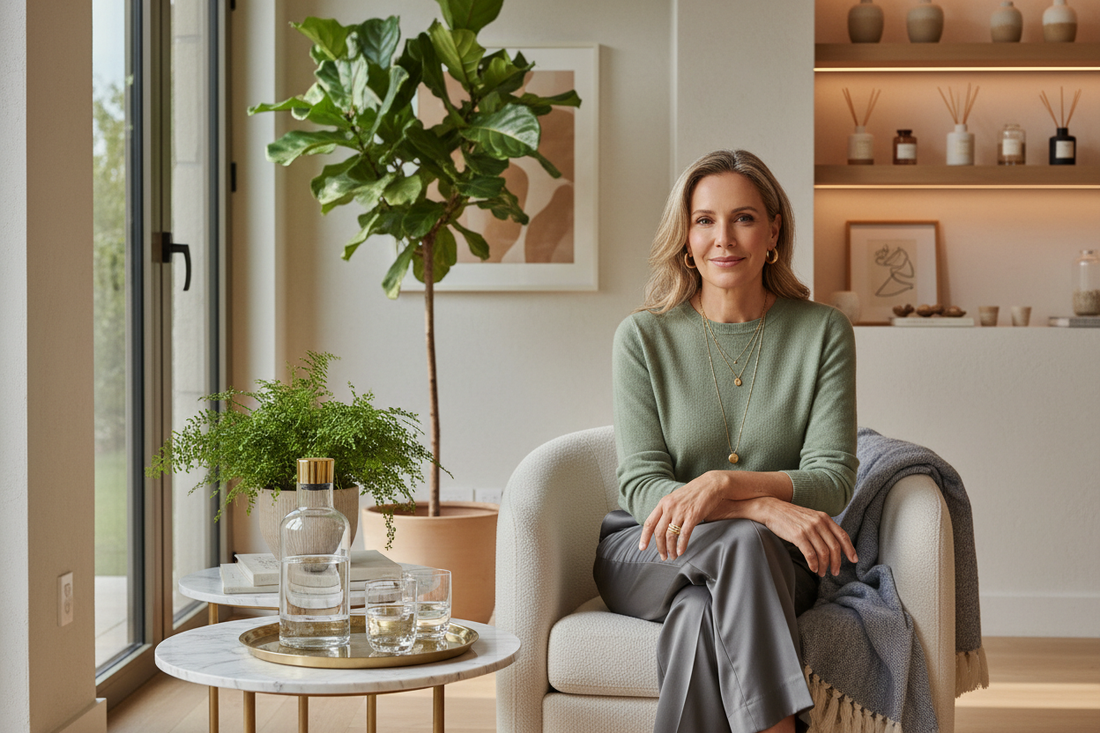 Elegant woman in a thoughtfully designed luxury wellness space with fresh botanicals and intentional healthy living decor, radiant and inspired