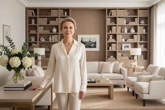 Elegant woman standing serenely in a beautifully ordered luxury living room, radiant and deeply at peace
