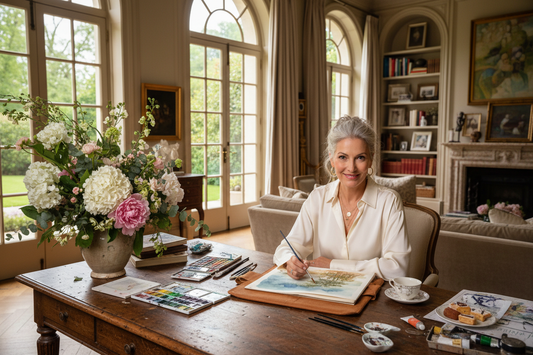 Elegant woman engaged in a creative outlet in a luxurious upscale home studio, radiant and deeply emotionally fulfilled