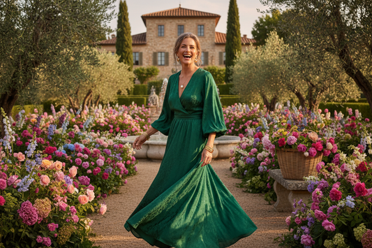 Elegant woman in a lighthearted playful moment in a luxurious garden setting, radiant and joyfully vibrant