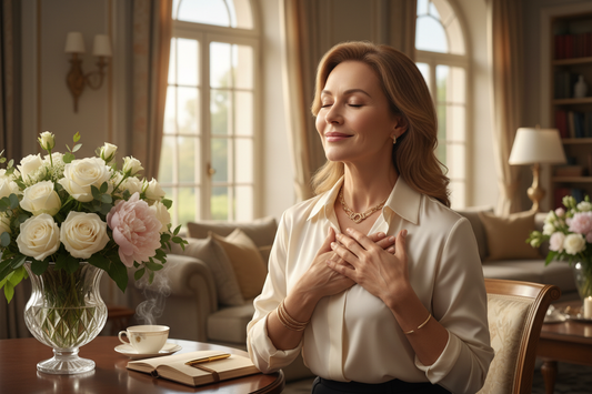 Elegant woman in a serene moment of heartfelt gratitude in a luxurious sunlit setting, radiant and deeply at peace
