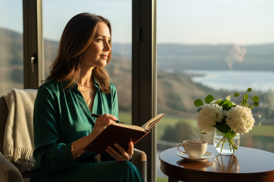 Elegant woman in a peaceful moment of reflection by a sunlit window in a luxurious setting, radiant and deeply self-aware