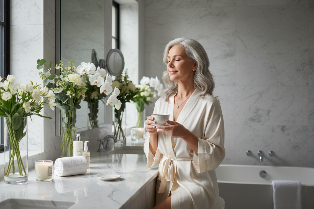 Elegant woman in her 50s taking a quiet moment for herself in a luxurious spa-like bathroom — Restivo Health & Wellness doctor-supervised holistic weight loss program