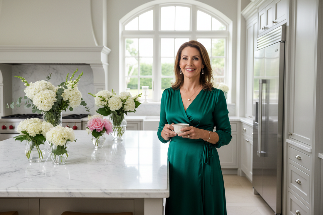 Elegant woman in her late 40s in a luxurious bright kitchen wearing a sophisticated wrap dress and tasteful jewelry, smiling warmly and relaxed, marble countertops, fresh flowers, soft natural light, high-end appliances, radiant and at ease