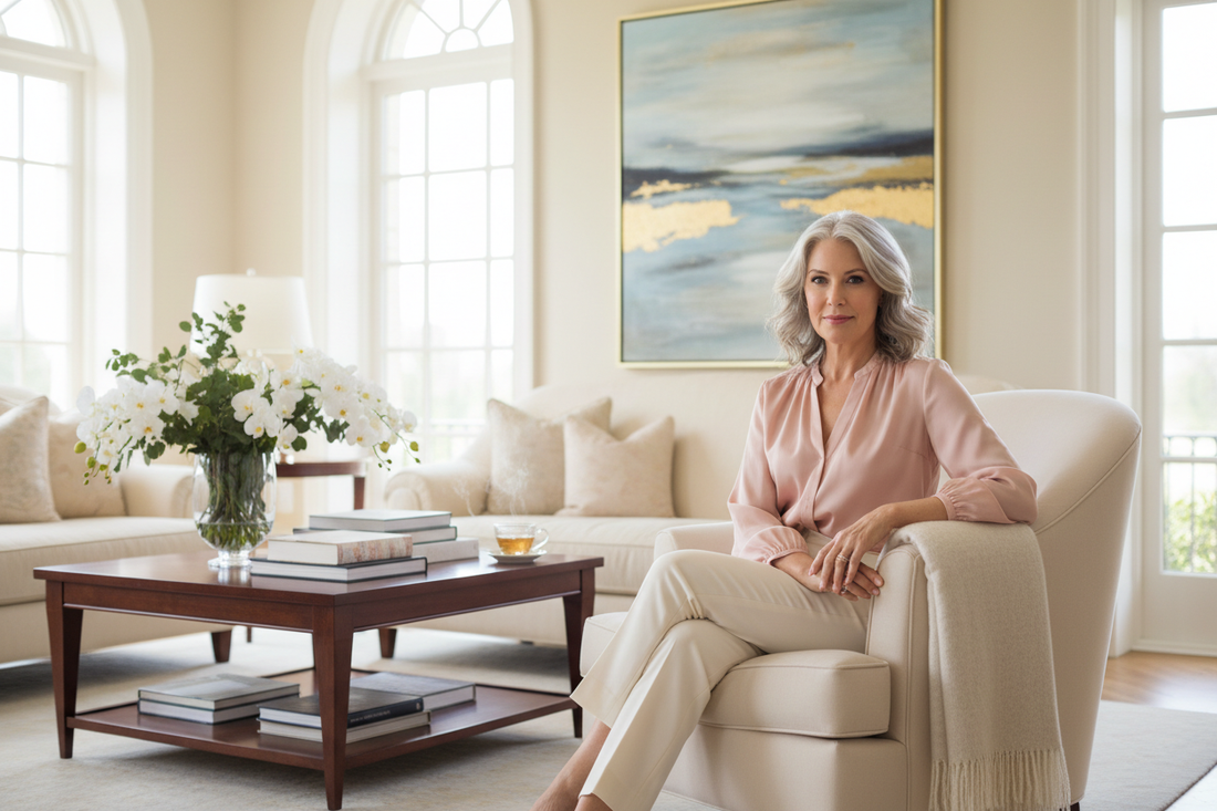 Elegant woman in her 50s in a silk blouse sitting peacefully in a beautifully decorated luxury living room with fresh flowers and soft natural light, radiating calm confidence and self-care
