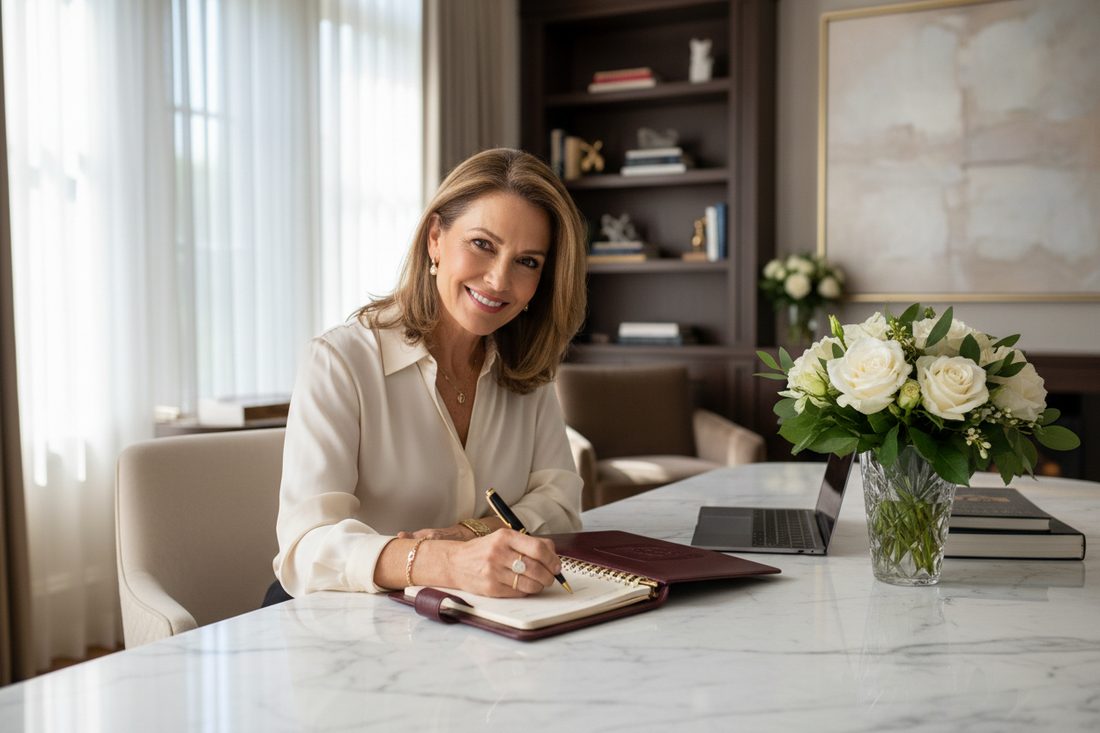 Elegant woman in her late 50s sitting at a beautiful marble desk writing in a luxury leather planner, bright soft natural morning light, silk blouse, gold jewelry, warm radiant smile, fresh white flowers, high-end sophisticated home office