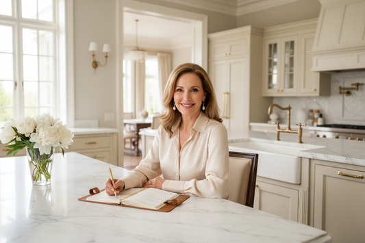 Elegant woman in her late 50s sitting serenely at a beautiful marble kitchen island in a grand luxury home, champagne silk blouse, pearl earrings, weekly planner open, gold pen, fresh white peonies, soft warm morning light, radiant warm smile