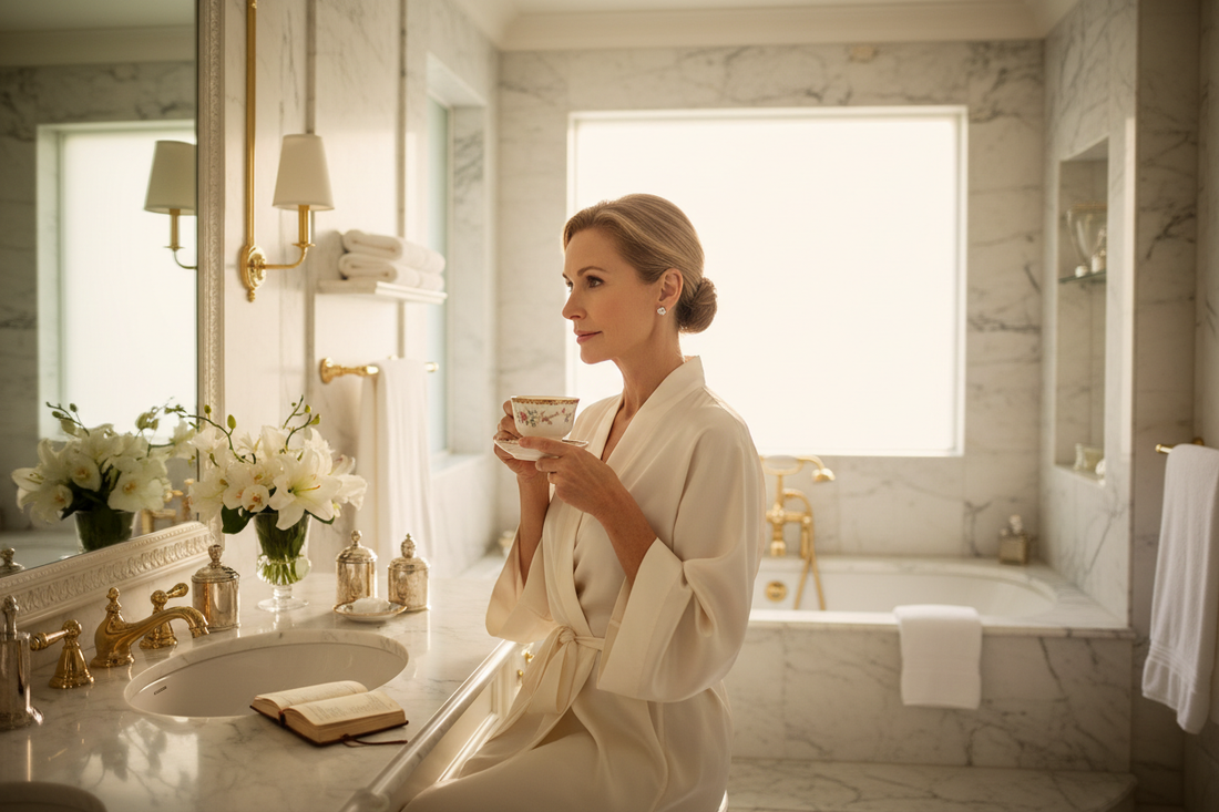Elegant woman in her late 50s in a serene morning routine in a grand luxury marble bathroom, ivory silk robe, diamond earrings, porcelain teacup, soft golden morning light, fresh white flowers, radiant and peaceful expression, gold fixtures
