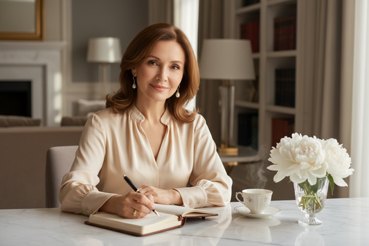 Elegant woman in her late 50s sitting at a beautiful marble desk writing in a luxury leather journal, soft warm morning light, champagne silk blouse, pearl earrings, fresh white peonies, steaming porcelain teacup, radiant and peaceful expression