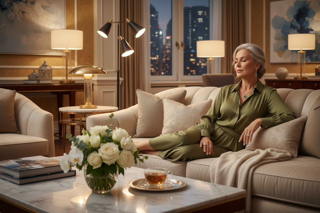 Elegant woman in her 50s relaxing peacefully on a plush sofa in a luxurious living room with warm lamp light, fresh flowers on a marble coffee table, wearing a silk blouse and tasteful jewelry, radiating calm and self-care