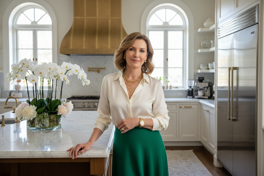 Elegant woman in her 50s standing in a luxurious upscale kitchen with soft natural light, fresh flowers on a marble countertop, wearing sophisticated clothing and gold jewelry, radiating calm self-awareness and confidence